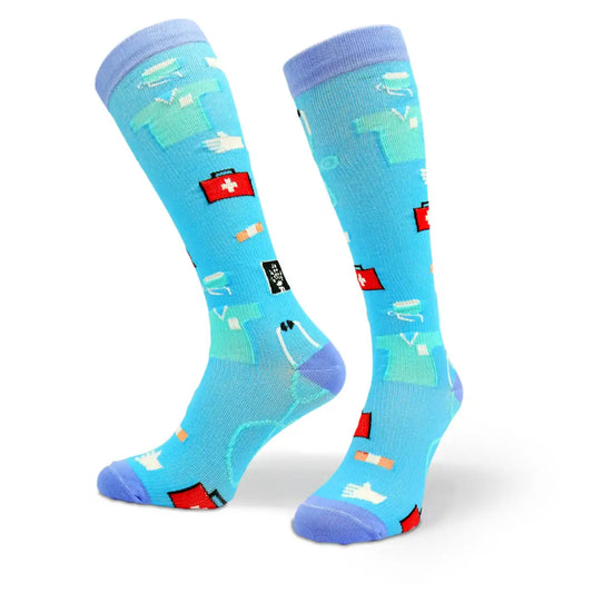 Bunte Kompressionsstrümpfe mit Medizin Motiv Surgery Blue - Lustige Socken für Mediziner und Ärzte