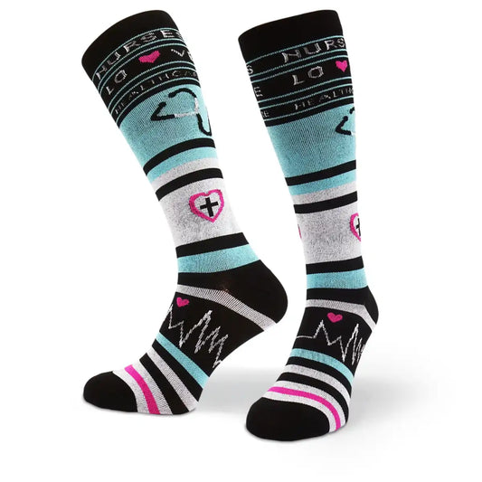 Bunte Kompressionsstrümpfe mit Medizin Motiv Nurses Love - Lustige Socken für Mediziner und Ärzte