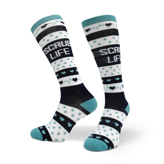 Bunte Kompressionsstrümpfe mit Medizin Motiv Scrub Life - Lustige Socken für Mediziner und Ärzte